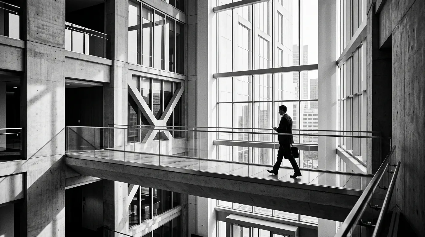 A person crossing a glass walkway between concrete office towers