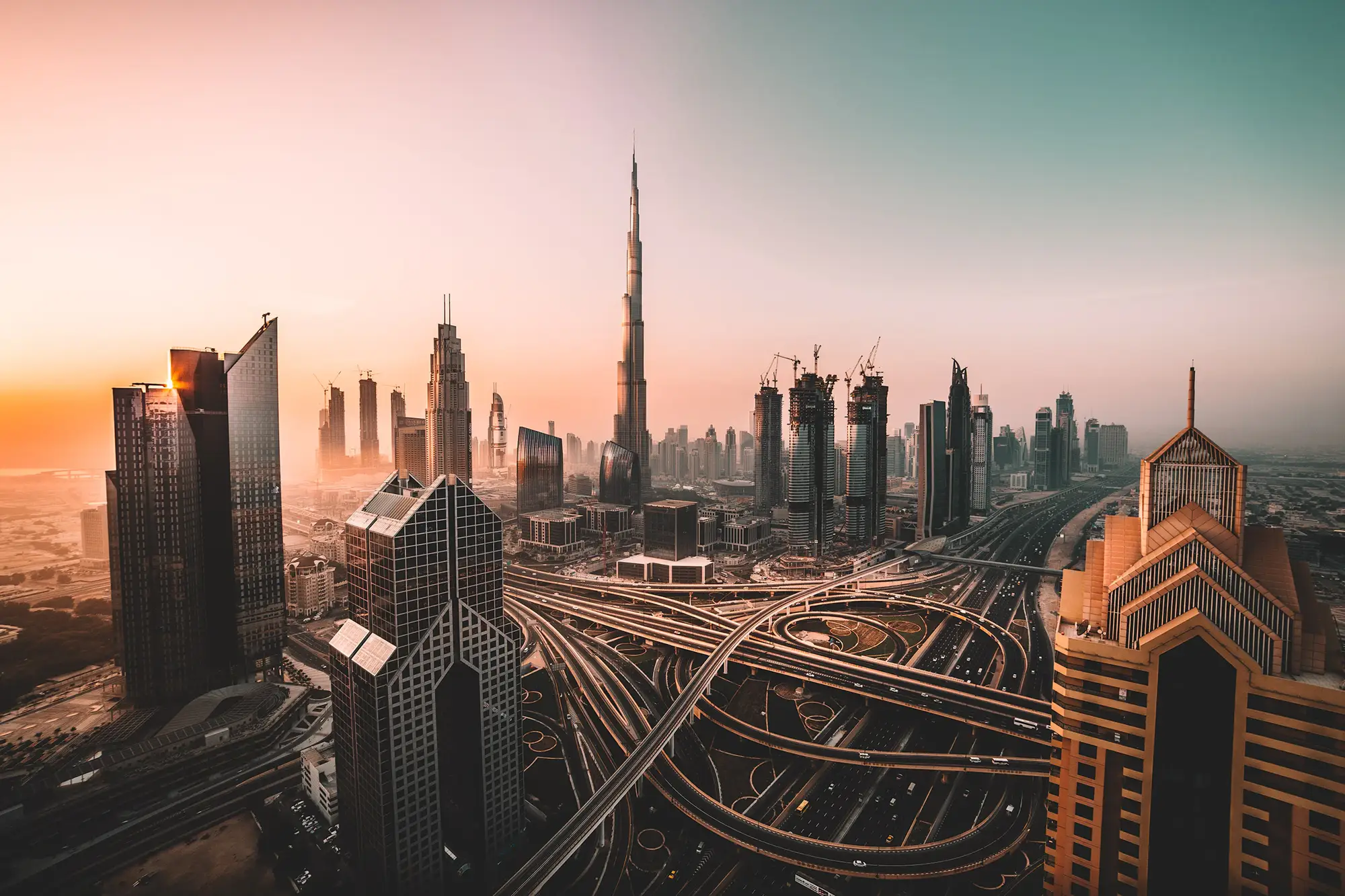 Dubai skyline and Sheikh Zayed Road at dusk, home of Captrit cyber security
