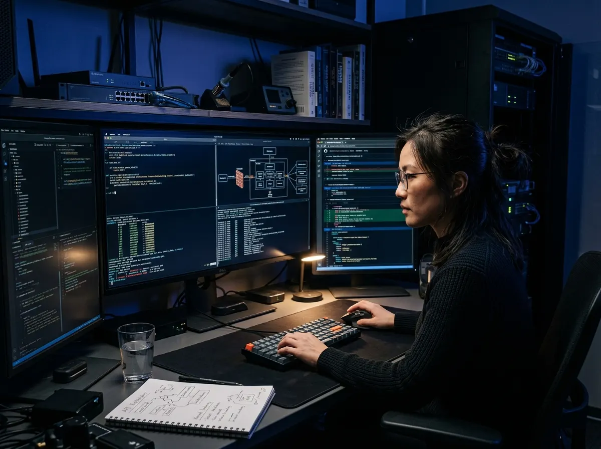 A security researcher reviewing code across several monitors in a dim workspace